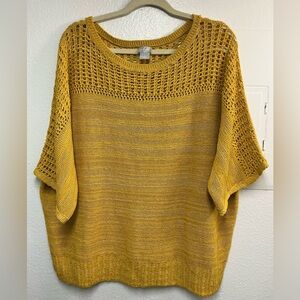 Chico's Mustard Yellow Crochet Open Stitch Mesh Yoke Short Sleeve